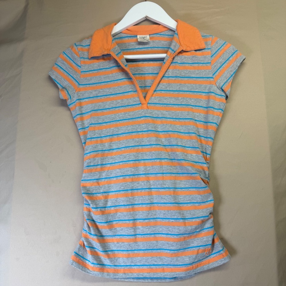 Y2K Tommy Jeans Womens Orange Blue Striped V-Neck Polo Shirt Side Ruched Size M